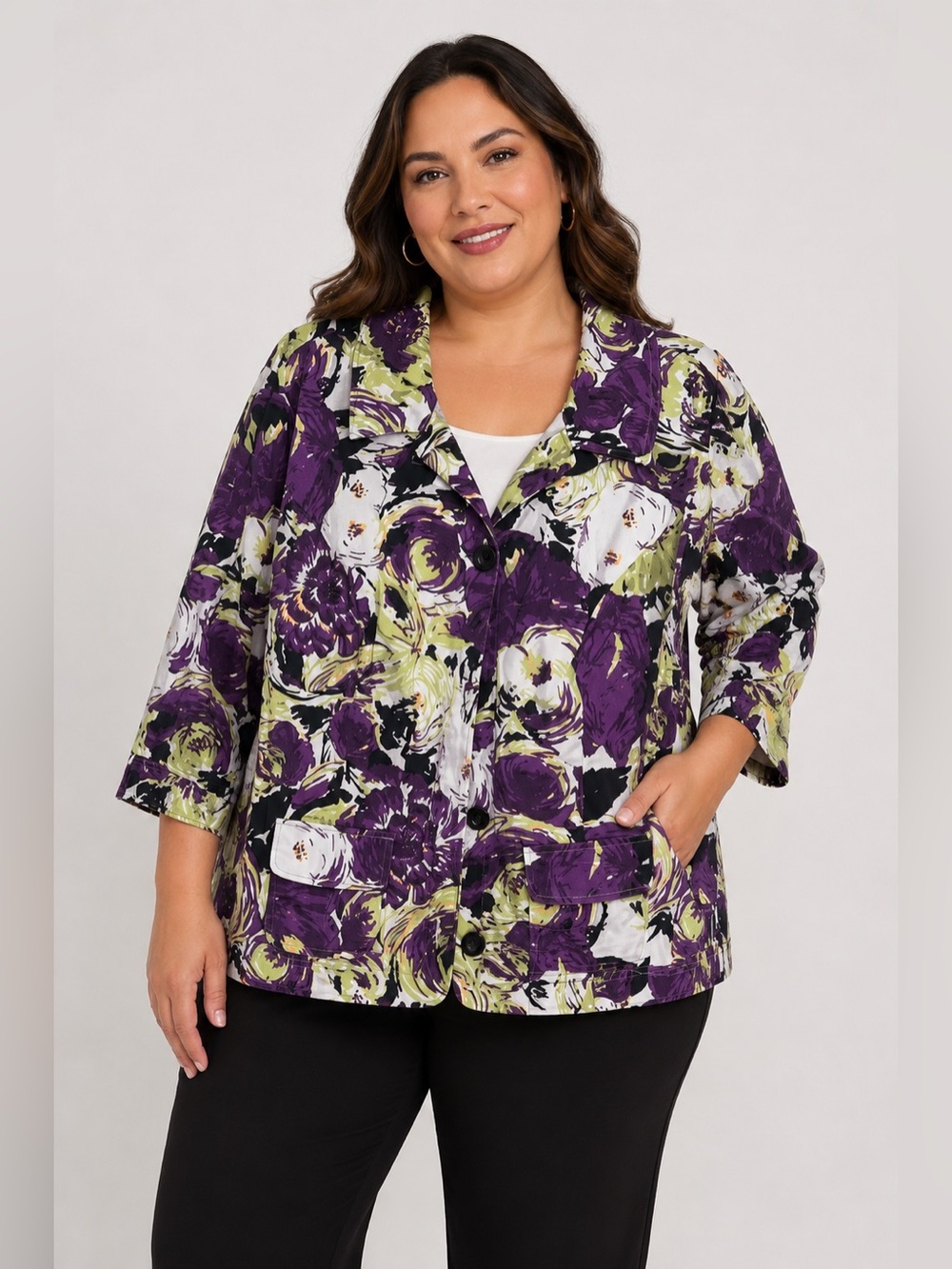 CJ Banks Womens Button Down  Purple Jacket 3/4 Sleeve Floral Pattern Collared 1X